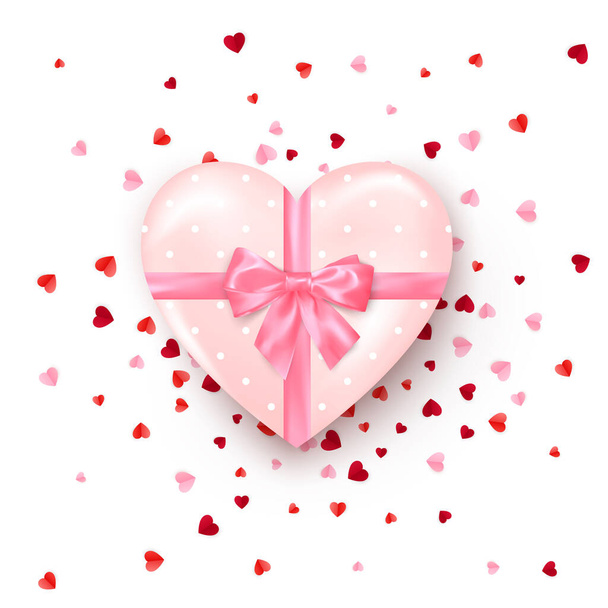 Gift in hearts shaped box with pink silk bow. Present for Valentine's day decorated confetti. Vector - Vector, Image