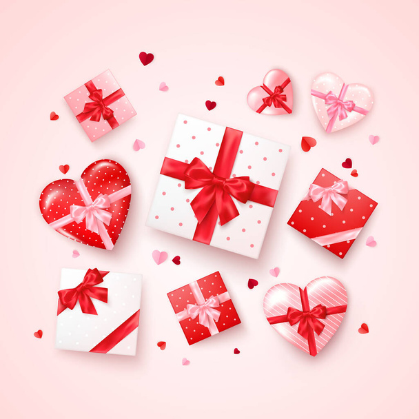 Set of gifts in square and hearts shaped boxes with silk ribbon and bow. Present for Valentine's day decorated confetti. Vector - Vektori, kuva