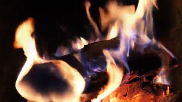 El fuego está ardiendo en la chimenea. Calidez y comodidad en el hogar. Luminosas llamas de fuego en el hogar oscuro - Imágenes, Vídeo