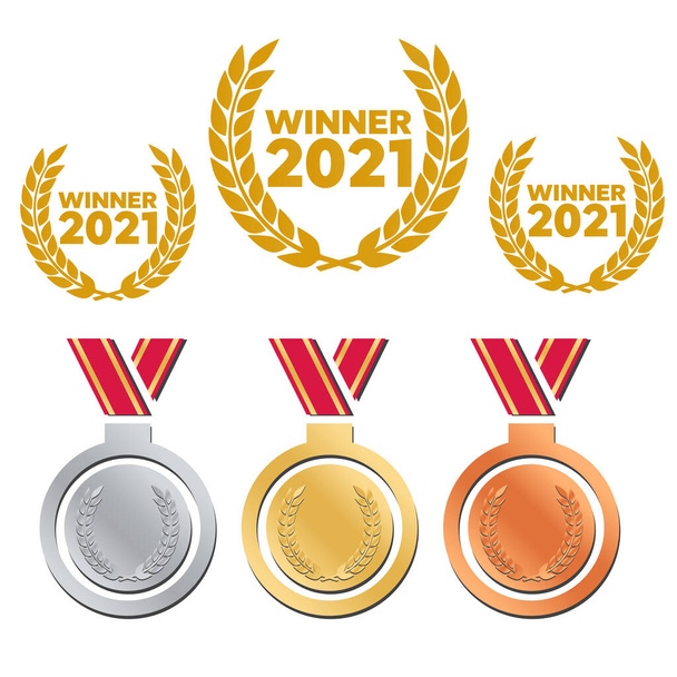 Golden Shields Laurel Badges Collection (em inglês). Ilustração do vetor medalha de ouro. - Vetor, Imagem