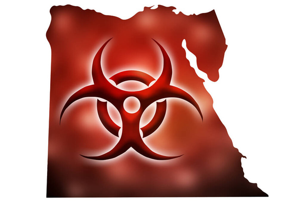 Signe de danger biologique sur le fond d'une carte contour de l'Egypte avec une lueur rouge. Le concept d'une nouvelle épidémie de maladies et d'épidémies en Egypte. - Photo, image