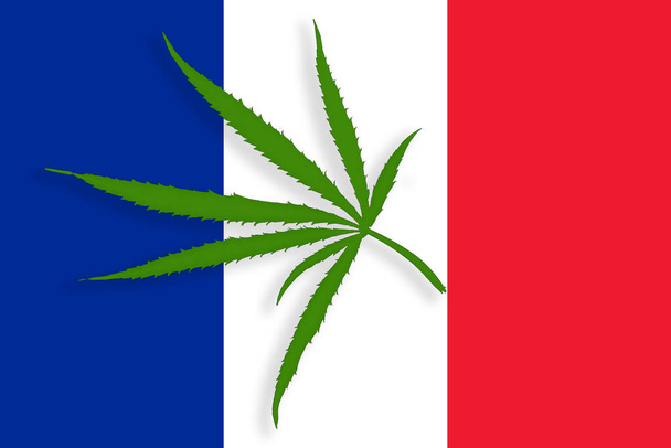 Francia bandiera con l'immagine di foglie di marijuana. Il concetto di legalizzazione della cannabis in Francia. Politica in materia di droga. - Foto, immagini
