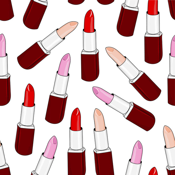 Seamless pattern fashion red lipstick, pink lipstick and beige lipstick. background. Hand drawing lipstick. design element. - Wektor, obraz