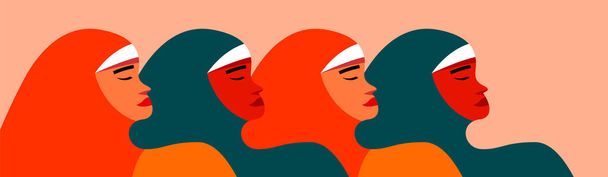 Fünf arabische Frauen, die zusammenstehen, verkünden Frauenpower. Feministische Union oder Schwesternschaft. Bannerkonzept für die Gleichstellung der Geschlechter und die Bewegung für die Stärkung der Frauen. - Vektor, Bild