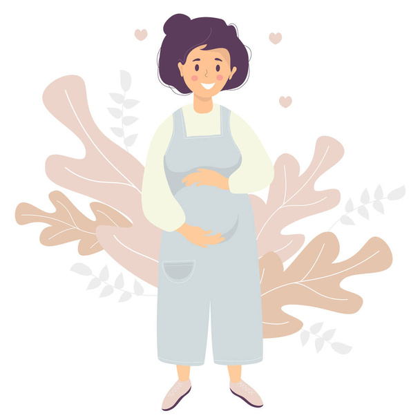 Motherhood. Happy pregnant woman in blue overalls pants gently hugs her stomach with her hands. Vector illustration.  - Vektor, obrázek