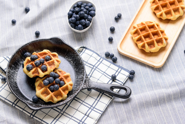 Homemade Waffles blueberries and icing on a dish that looks like a pan. - Photo, Image