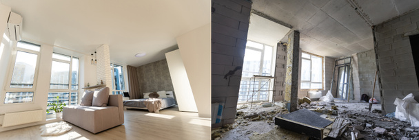 未完成の壁と修復後の部屋。新しい住宅の改装前と後. - 写真・画像