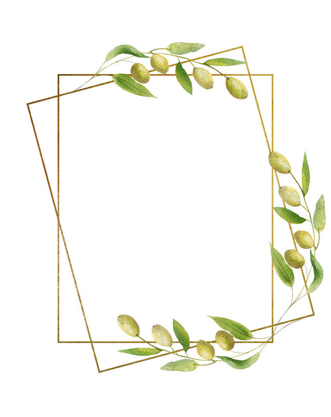 Watercolor hand painted nature frame with green olives and leaves on branch bouquet and golden border lines composition on the white background for invite and greeting card with space for text - Photo, image