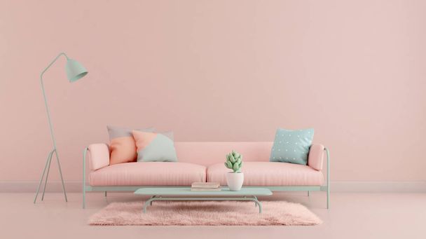 Living room.Design with pastel color.Sofa,table,carpet and pink wall.3d rendering - Foto, Imagem