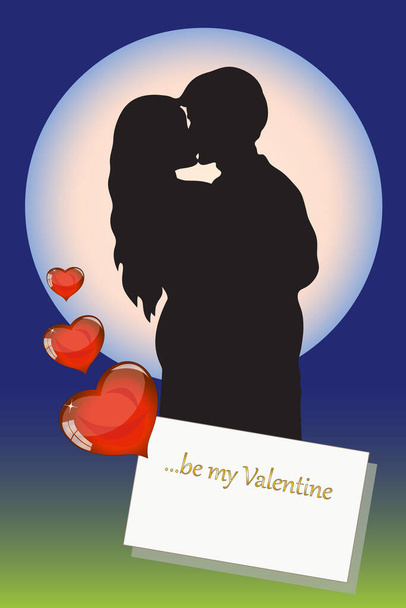 Twee verliefde jongeren onder de maan met hart en Valentijnskaart voor begroeting - Vector, afbeelding