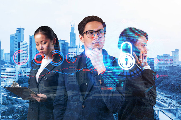 Group of business colleagues as a part of multinational corporate team working on project to protect clients information at cybersecurity compliance division. IT lock icons over Kuala Lumpur - Zdjęcie, obraz