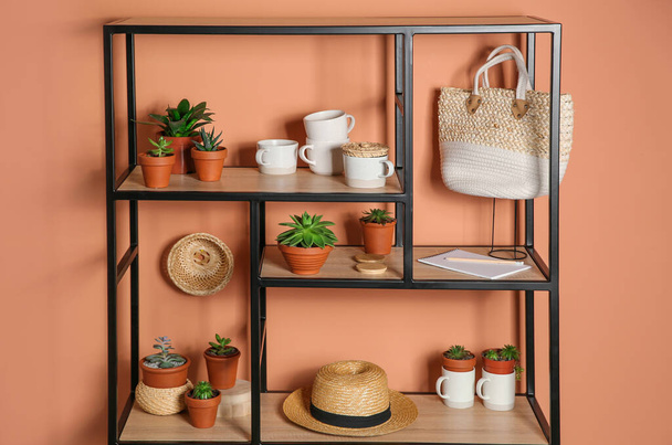 Stylish shelving unit with decorative elements near color wall. Interior design - 写真・画像