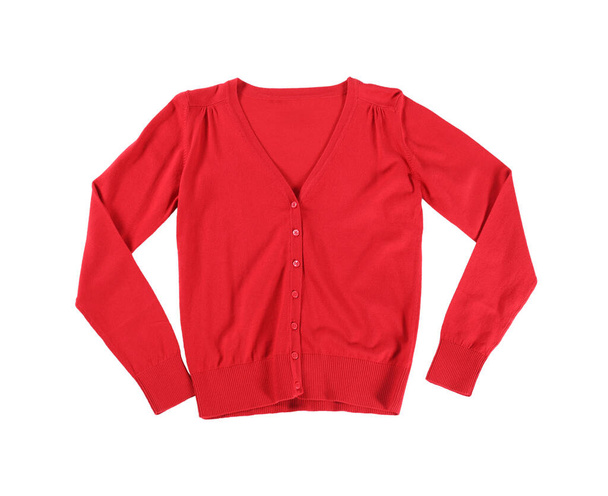 Red cardigan isolated on white, top view. Stylish school uniform - Foto, Imagen