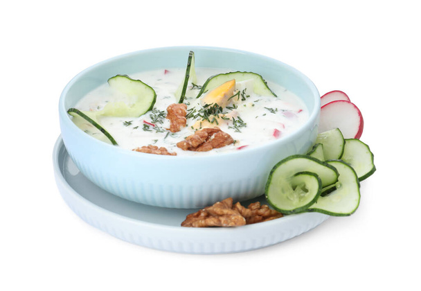 Delicious cold summer soup on white background - Foto, Imagem