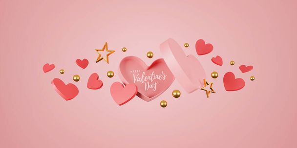 Wesołych Walentynek. serce, prezent i pudełko na różowym tle. miejsce na tekst. 3D ilustracja - Zdjęcie, obraz