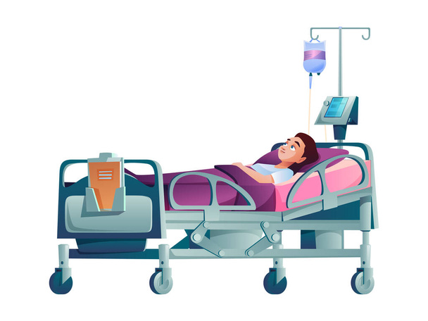 Patiënt in ziekenhuisbed onder druppelaar isolaat - Vector, afbeelding