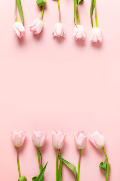 Pink tulips on pastel pink. Top view with copy space. - Fotoğraf, Görsel