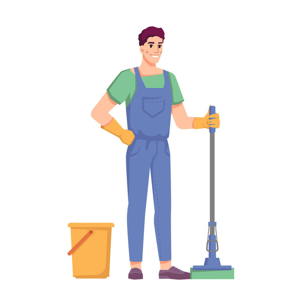 Čistší personál, muž s mop a kbelík vektor - Vektor, obrázek