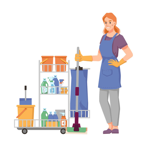 Pessoal de limpeza com carrinho cheio de detergentes - Vetor, Imagem