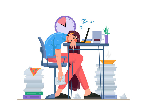 Nukkuminen kotitoimistossa, stressaantunut työntekijä työpöydällä - Vektori, kuva
