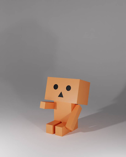3D illusztráció egy ülő kocka ember karakter. - Fotó, kép