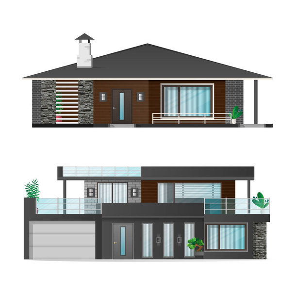 Set di case moderne, cottage, casa di città con ombre. Visualizzazione architettonica del cottage esterno. Illustrazione vettoriale realistica. - Vettoriali, immagini