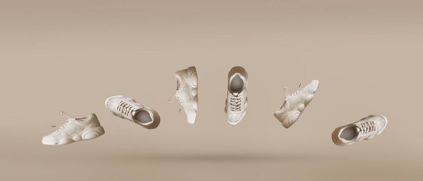 Trendy six pieces of women's sneakers of light color flying on a beige background. Stylish monochrome minimalism, levitation shoes, creative layout, summer sales, fashion blog. Banner with copy space. - Φωτογραφία, εικόνα