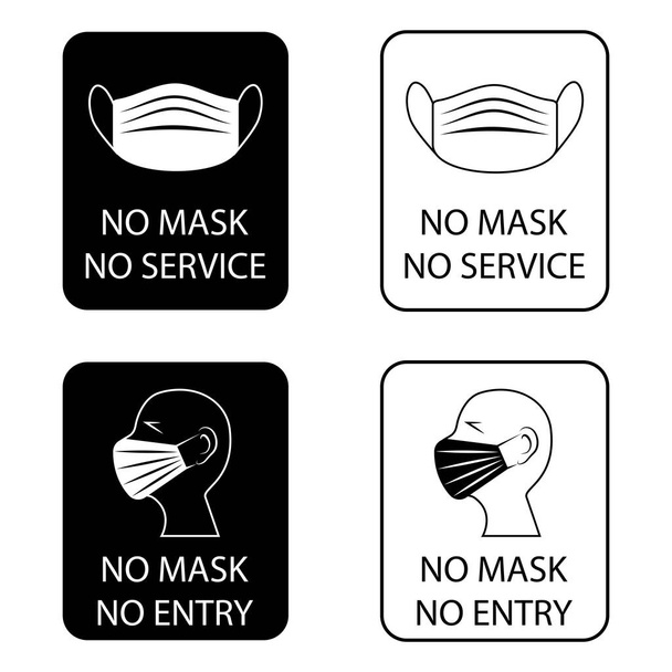 Ei naamiota, ei sisäänkäyntiä. Facemask tarvitaan ollessaan tiloissa. Päällyste on pidettävä. Ei naamaria, ei sisäänkäyntiä. Pystysuora suorakulmainen varoitusmerkki. Vain naamio tulee sisään. Vektoriesimerkki - Vektori, kuva