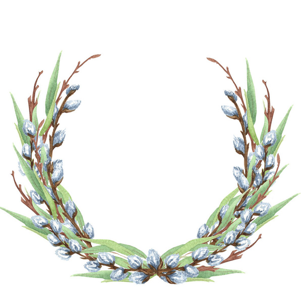 Watercolor wreath of pussy willow twigs. Spring bouquet. Easter decorations. Hand drawn illustration isolated on white background - Φωτογραφία, εικόνα
