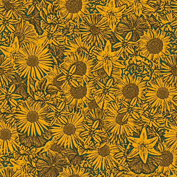 Tidewater Green and Fortuna Gold colors Seamless Monochrome floral pattern - Foto, Imagem