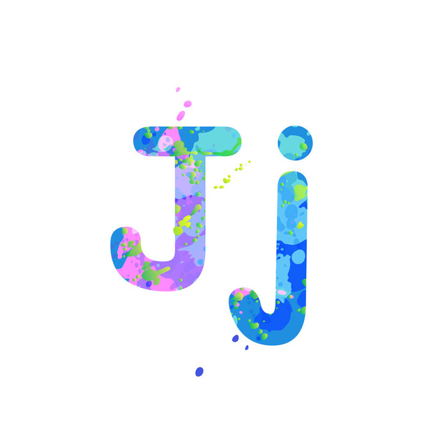 Letras J maiúsculas e minúsculas com efeito de manchas líquidas de tinta em azul, verde, rosa sobre branco - Vetor, Imagem