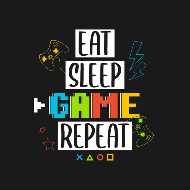 Joystix gamepad tasarımı piksel metin ve sloganı ile "Uyku Oyunu Tekrar Et". Oyuncular için tişört tipografi grafikleri. Video oyunu konsepti için slogan. Vektör illüstrasyonu. - Vektör, Görsel