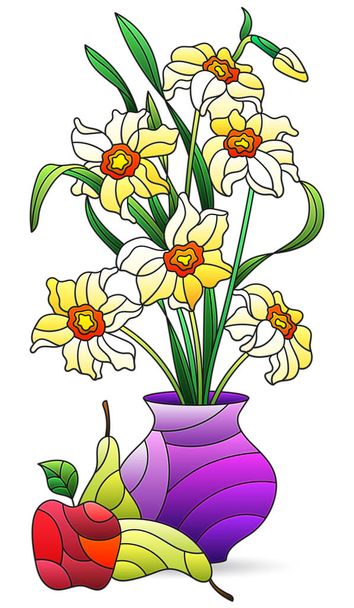 Ilustracja w stylu witraża z odosobnionym elementem, bukiet żonkil kwiaty i owoce na białym tle - Wektor, obraz