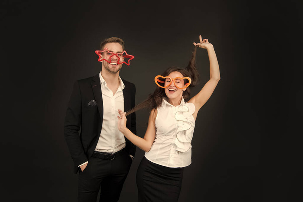 Having fun. Business academy. Business team. Office staff concept. Business education. Time for fun. Ambitious female and confident man. Woman eyeglasses attractive teacher. Business lady secretary - Foto, imagen
