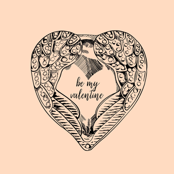 Ručně kreslené čmáranice zdobené srdce s ilustrací křídel. Valentines den stylové monochromatické kreslení srdce - Vektor, obrázek