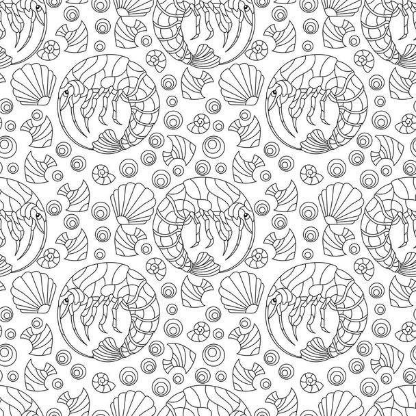 Απρόσκοπτη απεικόνιση με γαρίδες περίγραμμα, ψάρια και όστρακα, σκούρα περίγραμμα των ζώων σε λευκό φόντο - Διάνυσμα, εικόνα