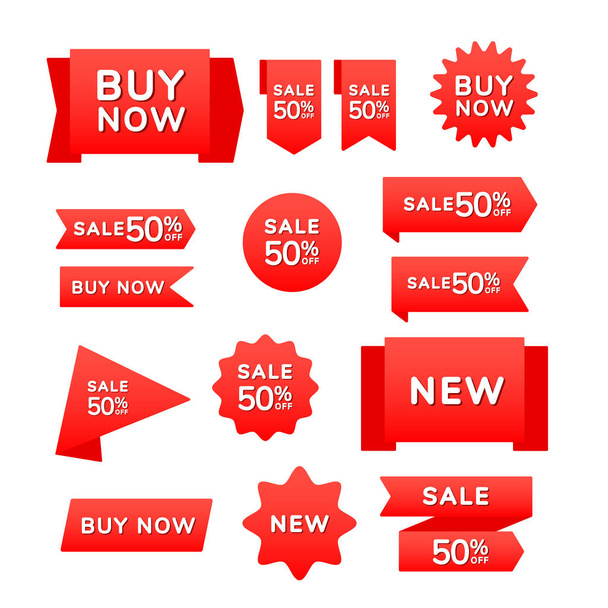 赤い販売ショッピングリボン、バッジと碑文の販売とバナーのセットは、今すぐ購入し、赤い背景に新しい。ベクトルイラスト。設計要素 - ベクター画像