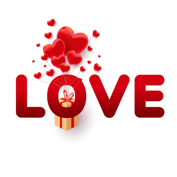 Feliz día de San Valentín fondo, cartel, tarjeta, invitación con forma de corazones 3d, la caja vuela en el aire y el texto de amor sobre fondo blanco. - Vector, Imagen