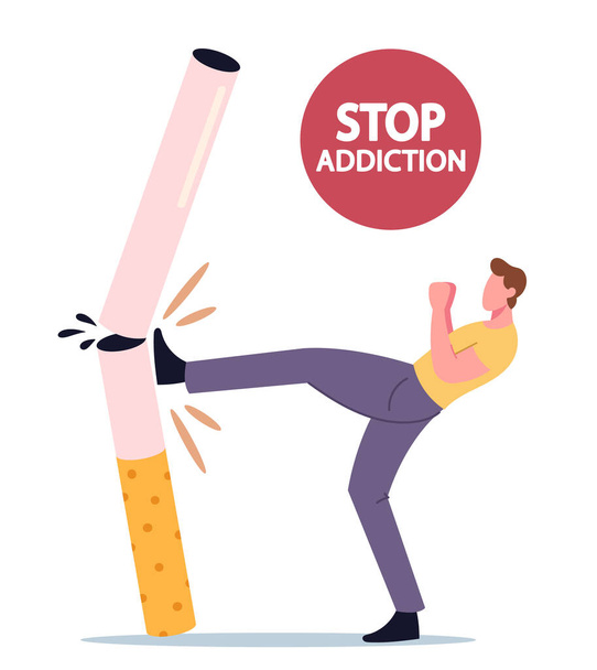 Stop Malhealthy Habit, Smoking Addiction Concept. Minuscule personnage masculin donnant un coup de pied énorme cigarette. L'homme abandonne la vie de fumeur - Vecteur, image