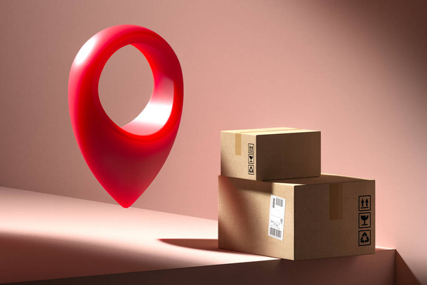 Concept of online orders, shopping, delivery and tracking of parcel. Cardboard boxes on pink showcase near map pin. Minimalism. 3d rendering - Photo, Image