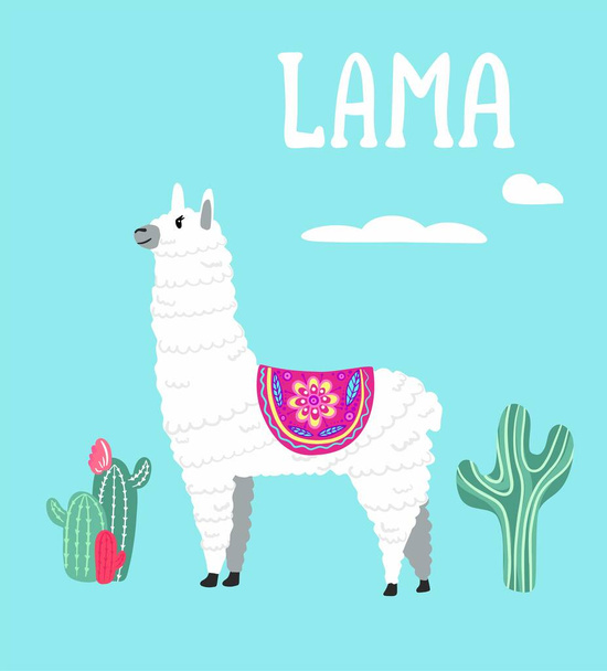 Cute Lamas with mountains and cactus in vector. - Vetor, Imagem