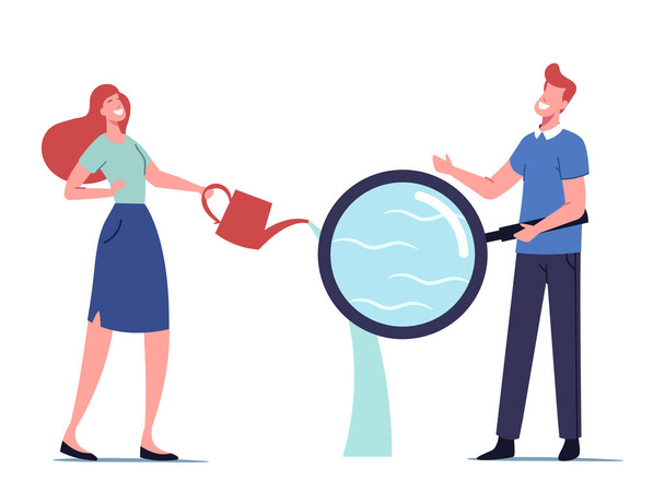 Groundwater or Artesian Water Testing for Extraction Concept. Female Character Pouring Pure Water from Watering Can - Vector, Image