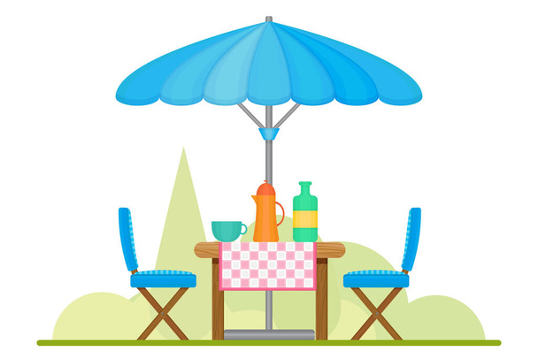 Vector stock banner with backyard,  garden furniture. Served table,  Spring picnic background in flat style. Summer or spring view - Vector, imagen