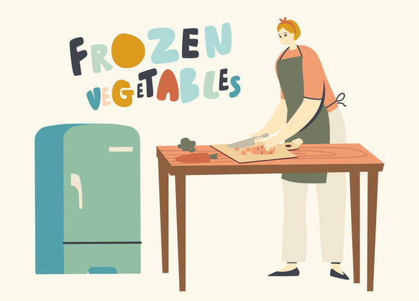 Mujer ama de casa carácter corte verduras para congelar, mujer cocina productos semiacabados, embalaje en contenedores - Vector, Imagen