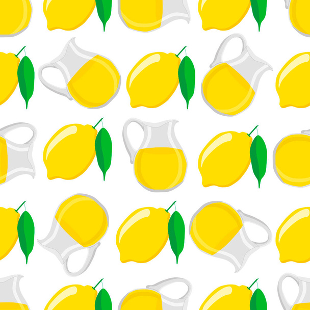 Illustration zum Thema große farbige Limonade in Zitronenkrug für natürliche Getränke. Limonadenmuster bestehend aus Kollektionsküche-Accessoire, Zitronenkrug bis hin zu Biolebensmitteln. Leckere frische Limonade aus der Zitronenkanne. - Vektor, Bild