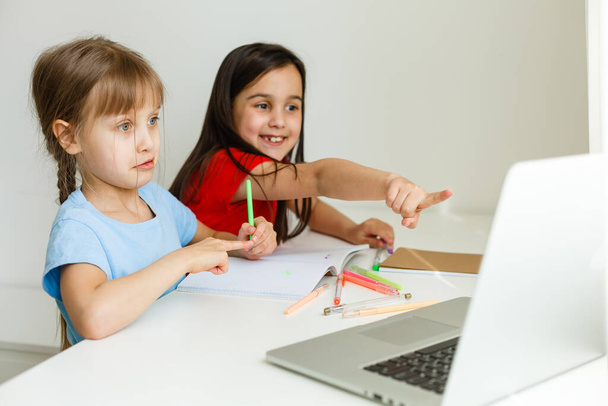 Twee meisjes, de oudste en de jongste, zitten aan een tafel op een laptop. - Foto, afbeelding