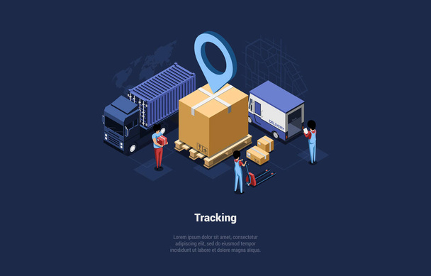 Goods Tracking Concept Illustration, Cartoon 3D Style. Isometric Vector Composition With Tiny Human Characters In Uniform Working At Warehouse. Modern Technology Logistics, Parcel Controlled Delivery - Vector, Image