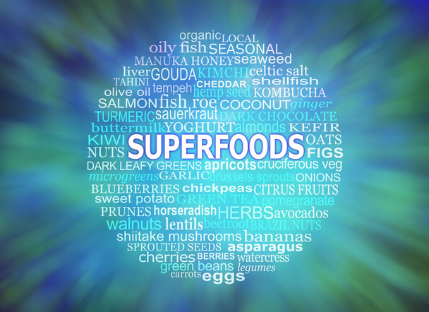 Superfoods vai ajudar a mantê-lo em forma e nuvem de palavras saudável bolha circular listando os alimentos mais saudáveis contra um fundo de zoom gráfico verde azul com espaço de cópia - Foto, Imagem