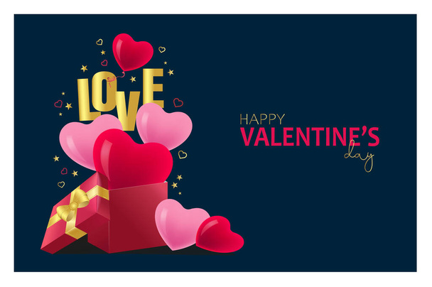 バレンタインデーのデザイン。現実的な赤いギフトボックス。装飾的なお祝いのオブジェクトでいっぱいのギフトボックスを開きます。休日のバナー、 Webポスター、チラシ、スタイリッシュなパンフレット、グリーティングカード、カバー。ロマンチックな背景 - ベクター画像