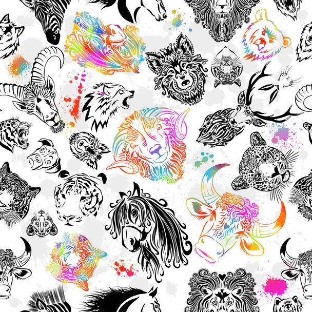 seamless leopard face pattern. Animal faces background. Multi-colored drawing. Mixed media. Vector illustration - Vector, Image